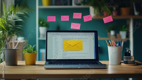 A modern workspace showcasing a laptop, colorful sticky notes, and plants, ideal for productivity and organization themes. photo