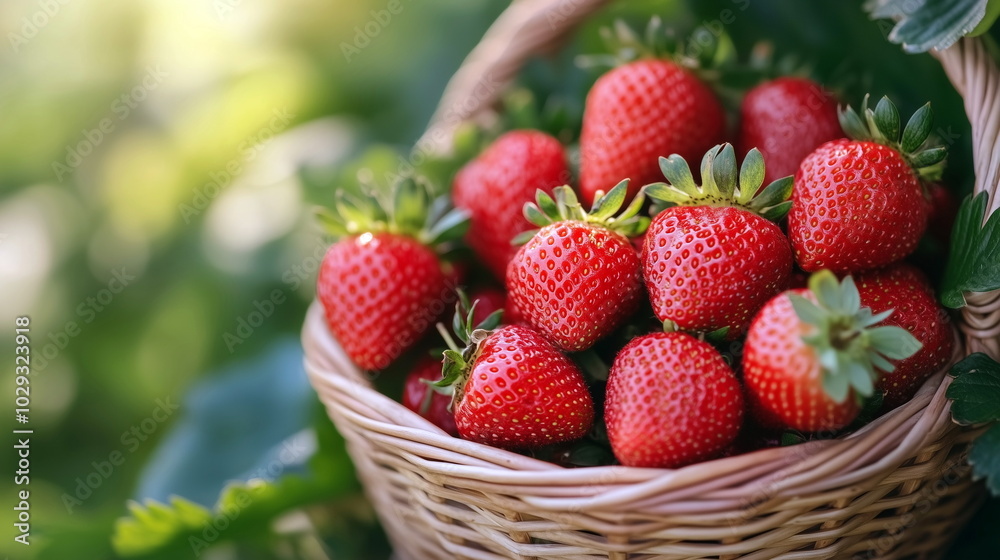 A close-up of a basket filled with freshly harvested strawberries, with their bright red color popping against the green leaves A close-up of a basket filled with freshly harvested strawberries, with their bright red color popping against the green leaves