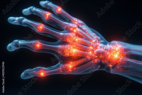 X-ray image of a hand with the sore spot in the fingers and wrist highlighted
