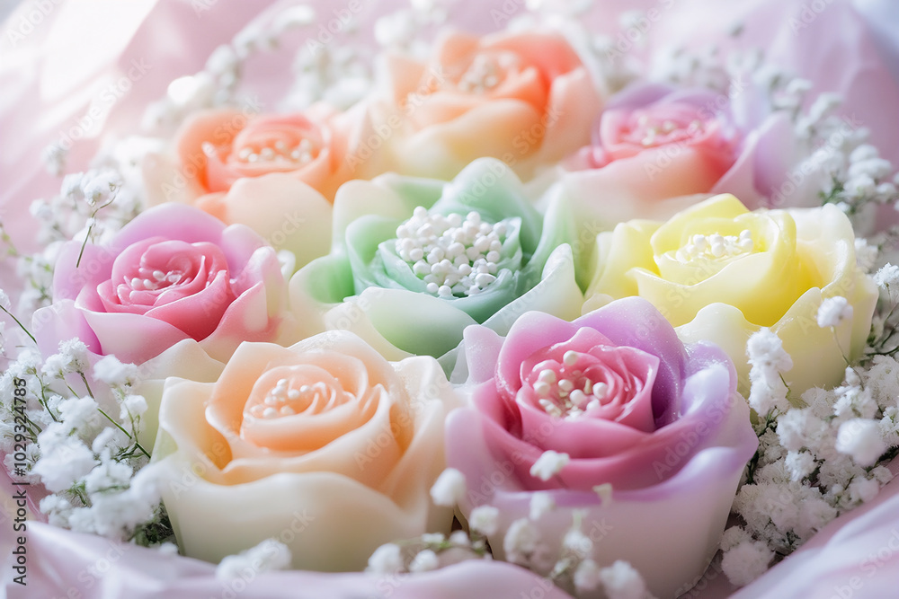Pastel colored rose flower candle wrapped in light pink paper Pastel colored rose flower candle wrapped in light pink paper