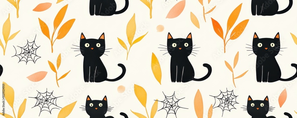 Black cat pattern with leaves and spider webs, Tile , Seamless Pattern Black cat pattern with leaves and spider webs, Tile , Seamless Pattern