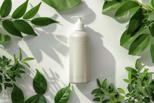 Shampoo bottle mockup on white background and plants
