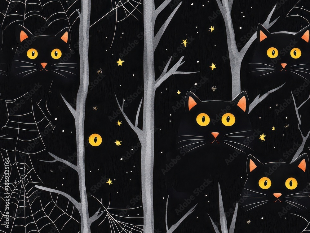 Black cats with yellow eyes among spooky trees, white background., Tile , Seamless Pattern Black cats with yellow eyes among spooky trees, white background., Tile , Seamless Pattern