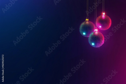 Minimalist hanging elegant neon christmas balls on dark color