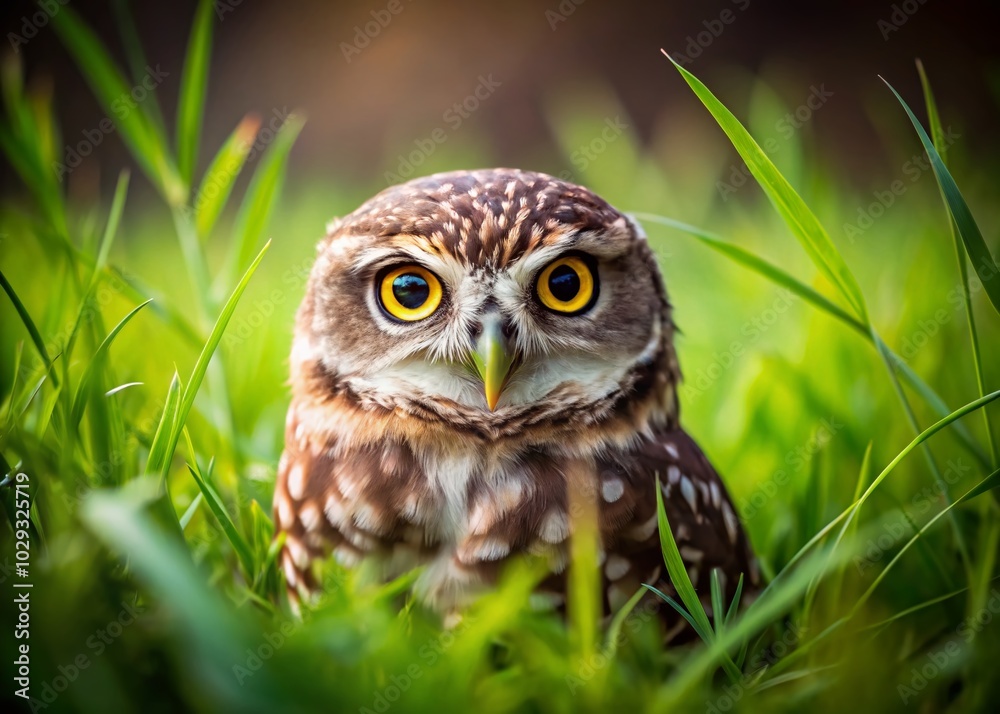 Enchanting Owl Nestled in Lush Grass - Tilt-Shift Photography Enchanting Owl Nestled in Lush Grass - Tilt-Shift Photography