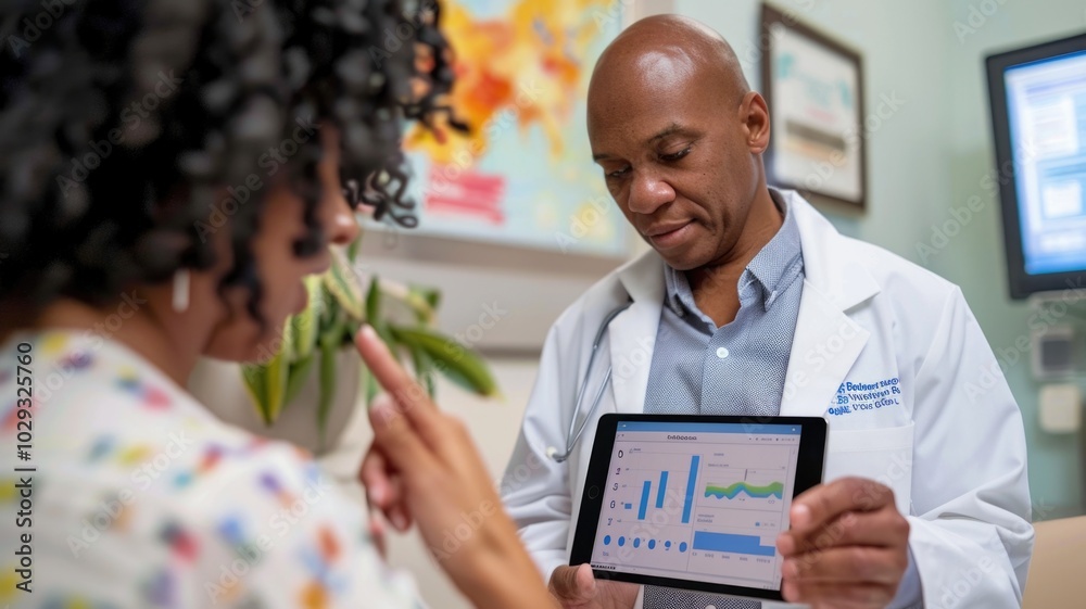 Doctor discussing health data visualization on tablet in medical office Doctor discussing health data visualization on tablet in medical office