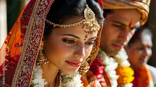 A bride and groom wear traditional Indian clothing during their wedding ceremony