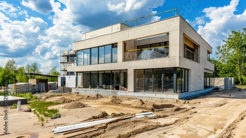 Modern house under construction with glass windows and scaffolding. Construction site with blue sky and clouds.