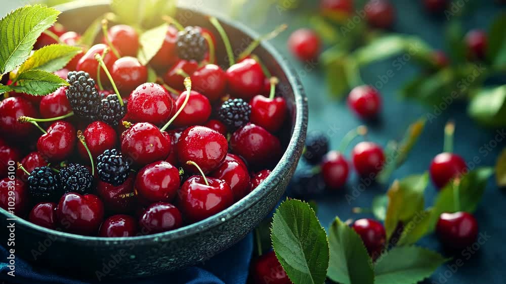 A bowl of fresh cherries and blackberries sits on a blue surface, ready to be enjoyed A bowl of fresh cherries and blackberries sits on a blue surface, ready to be enjoyed