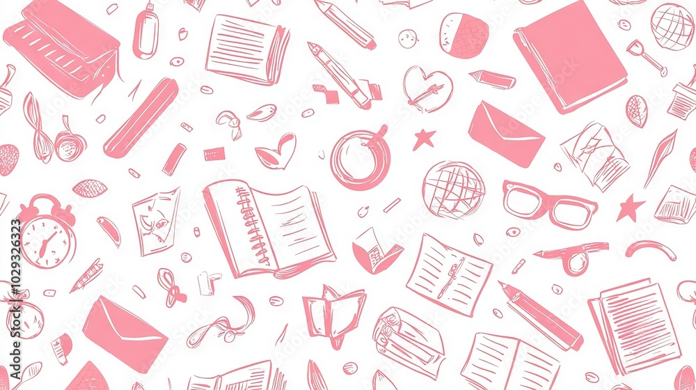 A white background features a mix of pink and white items, including books and glasses, outlined in pink A white background features a mix of pink and white items, including books and glasses, outlined in pink