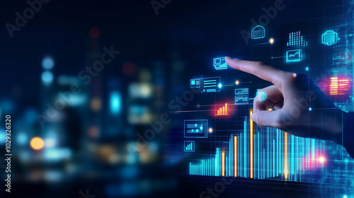 Digital roadmap to business growth in 2025 A conceptual digital graphic with a human hand pointing towards the year 2025 on a luminous upward graph. The visual showcases various bu