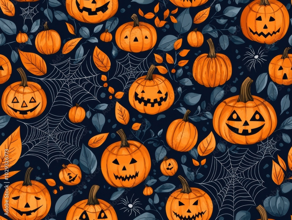 Colorful Halloween pumpkins with leaves and webs on dark background., Tile , Seamless Pattern Colorful Halloween pumpkins with leaves and webs on dark background., Tile , Seamless Pattern