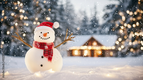 In a snowy forest scene, a snowman with twig arms and a bright red scarf stands out against a backdrop of twinkling snow-covered trees. A warmly lit cottage in the background adds
