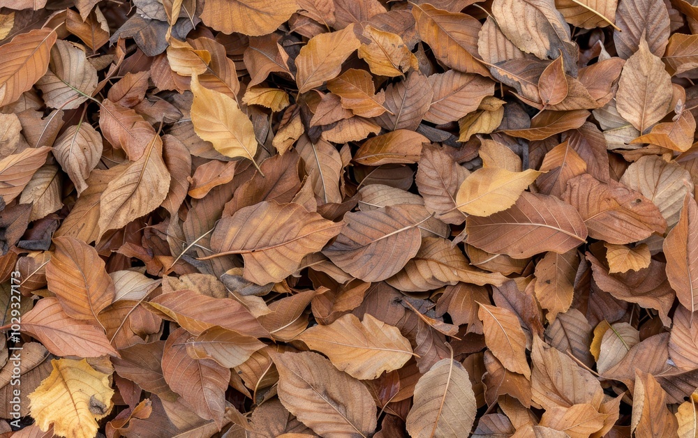 Overhead view of brown and dried autumn leaves covering the ground. Flat lay composition. Overhead view of brown and dried autumn leaves covering the ground. Flat lay composition.