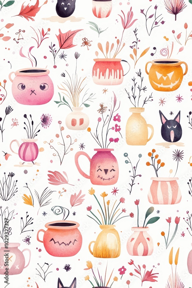 Colorful illustration of whimsical pots and flowers., Tile , Seamless Pattern Colorful illustration of whimsical pots and flowers., Tile , Seamless Pattern