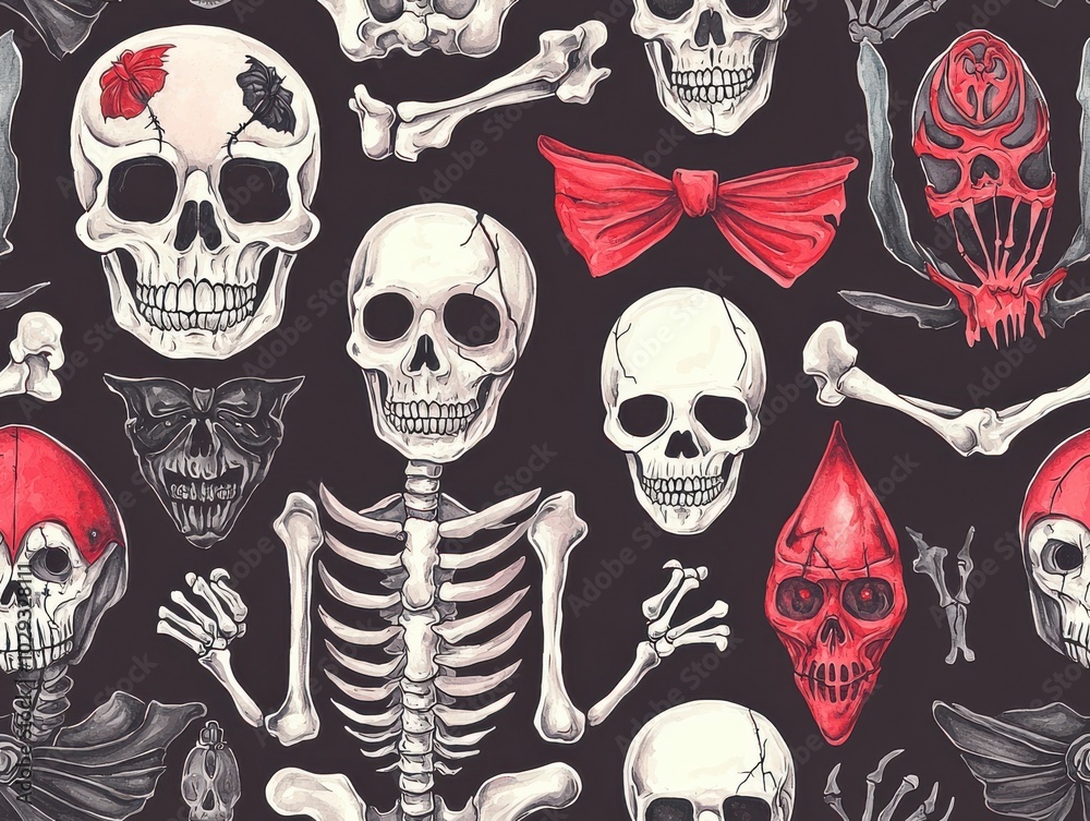 Colorful skull pattern on dark background with skeleton elements., Tile , Seamless Pattern Colorful skull pattern on dark background with skeleton elements., Tile , Seamless Pattern
