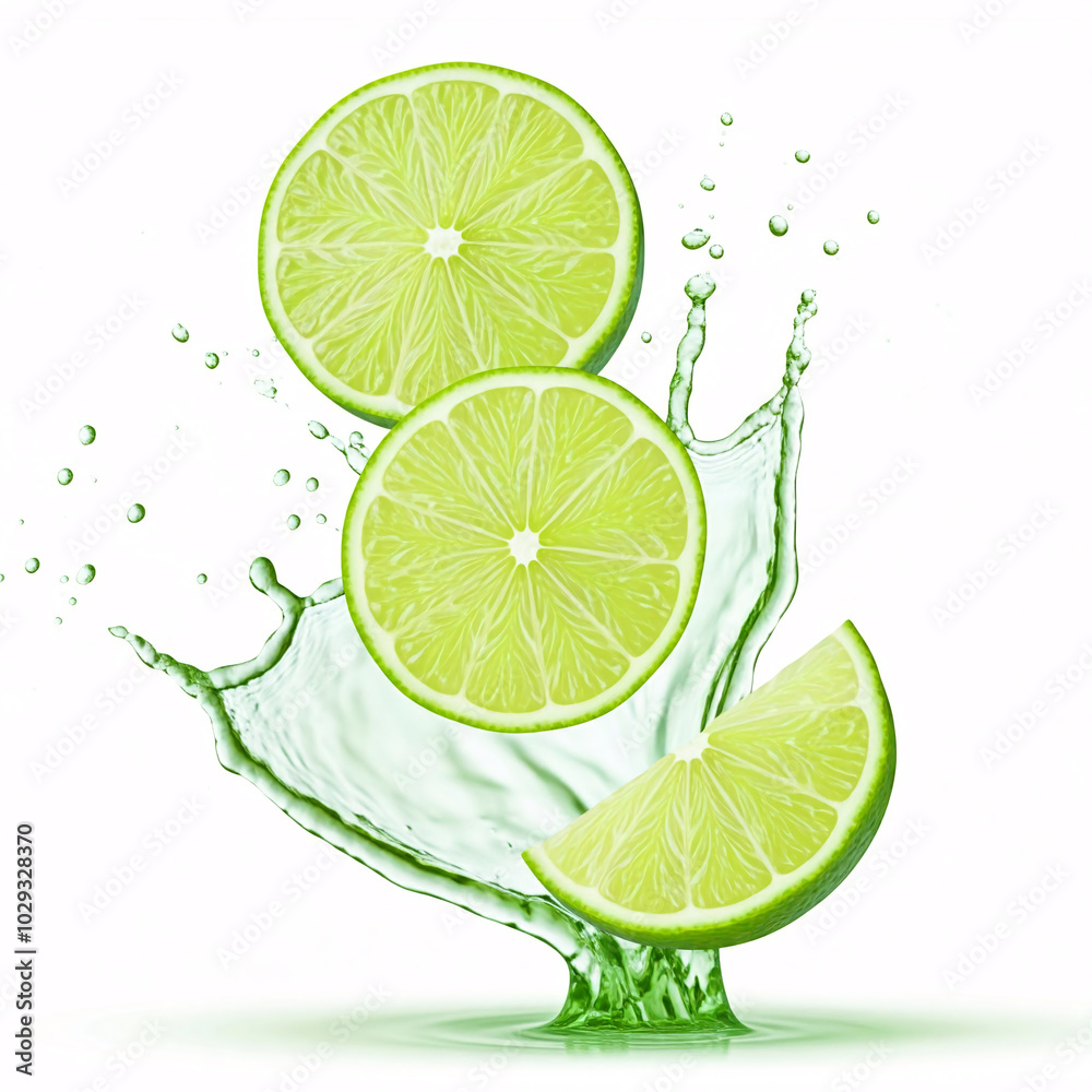 fresh lime slices splashing in lime juice isolated on white background fresh lime slices splashing in lime juice isolated on white background