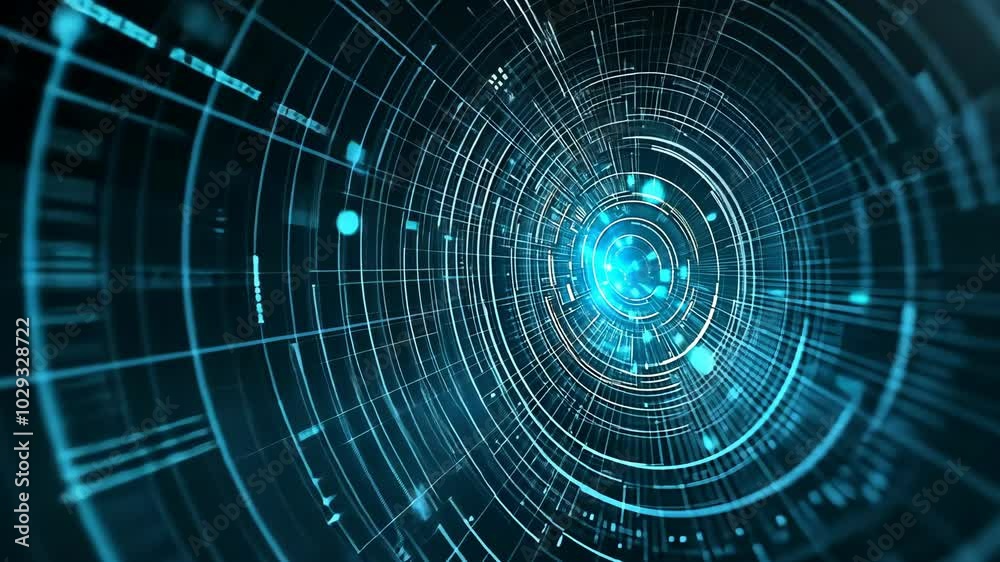 A digital tunnel with concentric circles and glowing blue lights creates a futuristic, abstract background