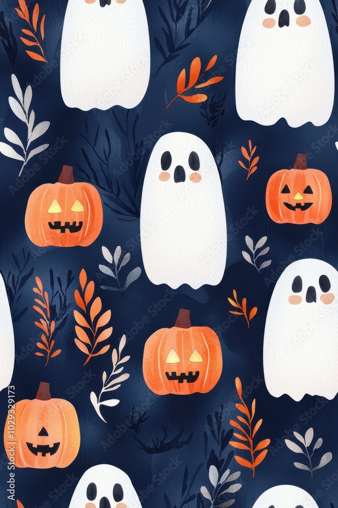 Ghosts and pumpkins pattern on a dark background, Tile , Seamless Pattern Ghosts and pumpkins pattern on a dark background, Tile , Seamless Pattern