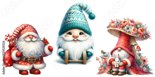 Gnomes at Christmas. Christmas watercolor gnomes with garland. Winter dwarf Gnome isolated on white background, for printing greeting cards invitations, prints, banners etc