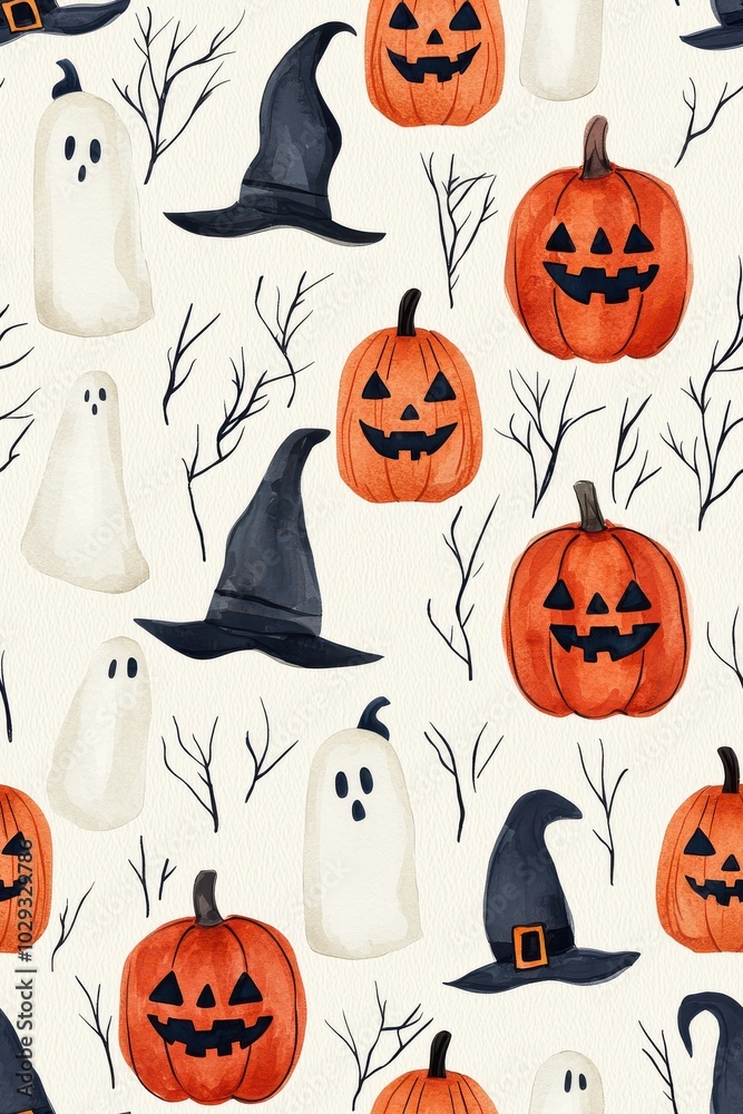 Halloween pattern with pumpkins, ghosts, and witches hats, white background., Tile , Seamless Pattern Halloween pattern with pumpkins, ghosts, and witches hats, white background., Tile , Seamless Pattern