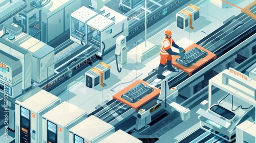 An Assembly Line Worker Installing a Car Part in a Futuristic Factory