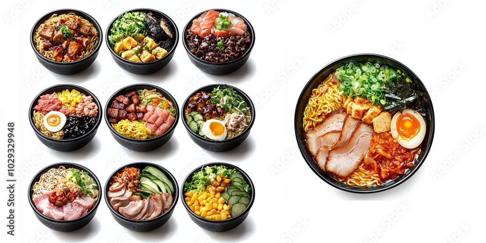 Ramen Set. Collection of Traditional and Modern Ramen Food. Street Food. Ramen Set. Collection of Traditional and Modern Ramen Food. Street Food.