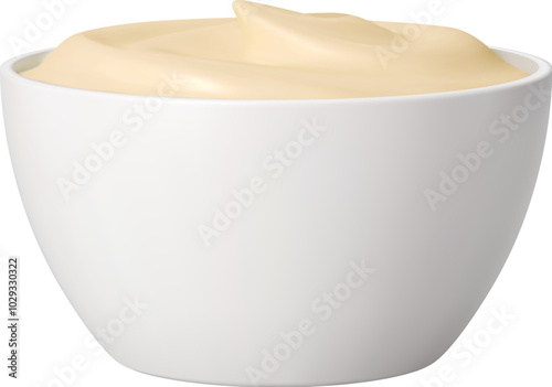 Mayonnaise sauce, realistic ceramics bowl filled with smooth sour cream, yogurt or mayo with light, pale yellow color, swirl and rich creamy texture. Isolated mayonnaise sauce, culinary dressing dish
