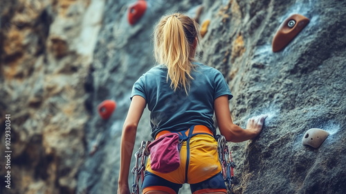 A person climbing an indoor rock wall or outdoor cliff, highlighting upper body strength, problem-solving, and mental focus