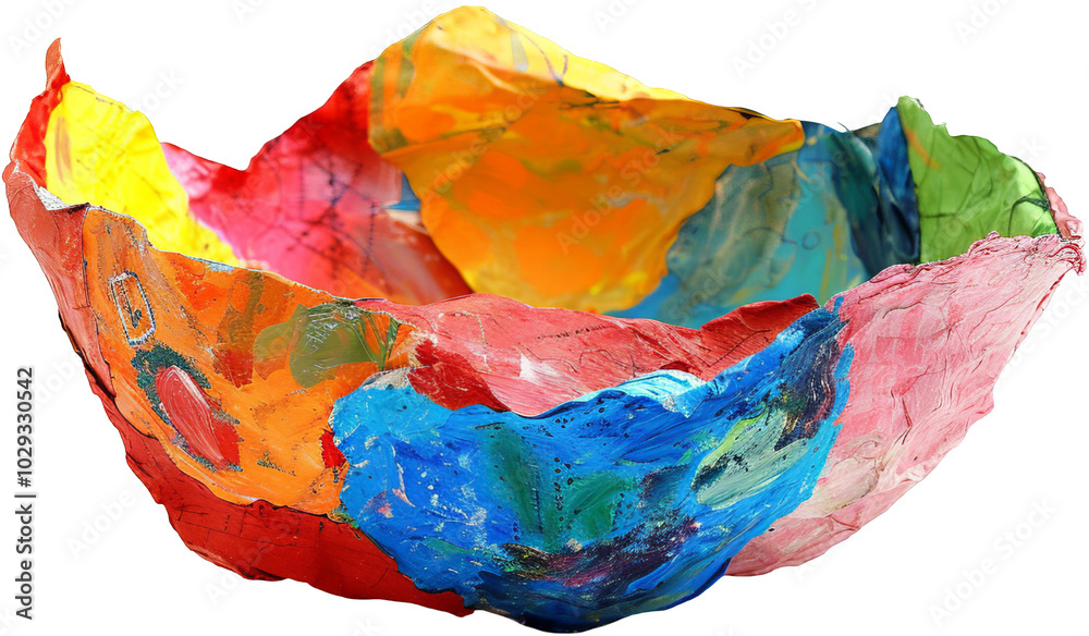 Obraz premium Vibrant Handmade Paper Mache Bowl Isolated on White Background