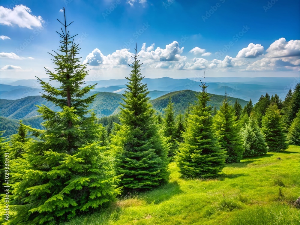 Evergreen Spruce-Fir Trees on Round Bald in the Appalachian Mountains Under Clear Blue Sky Evergreen Spruce-Fir Trees on Round Bald in the Appalachian Mountains Under Clear Blue Sky