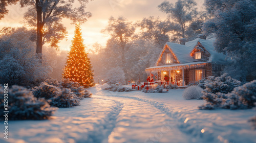 A snowy Christmas scene with a house, decorated tree and presents in the snow.