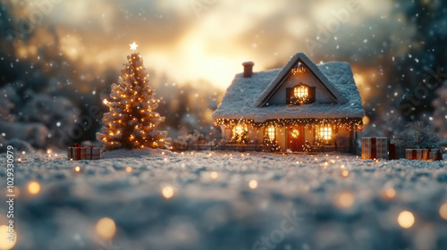 A snowy Christmas scene with a house, decorated tree and presents in the snow.