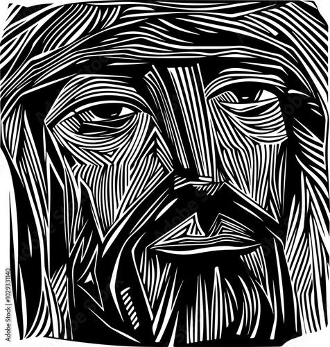 Stylized Black and White Portrait: Abstract, textured lines create a mysterious face, ideal for artistic and cultural projects.