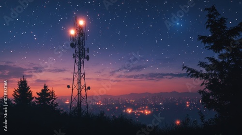 Nighttime Telecommunications Tower Under Starry Sky