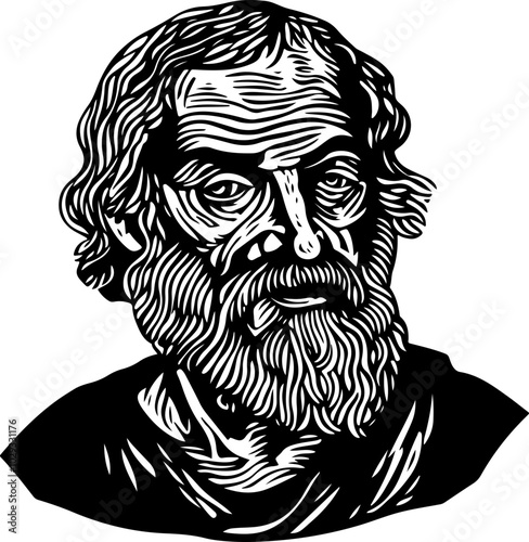 Black and white vector illustration of a philosophical figure with distinct features, ideal for educational and historical content.