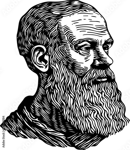 Vintage vector portrait of an elderly bearded man, showcasing intricate line work in black and white, ideal for historical or artistic themes.