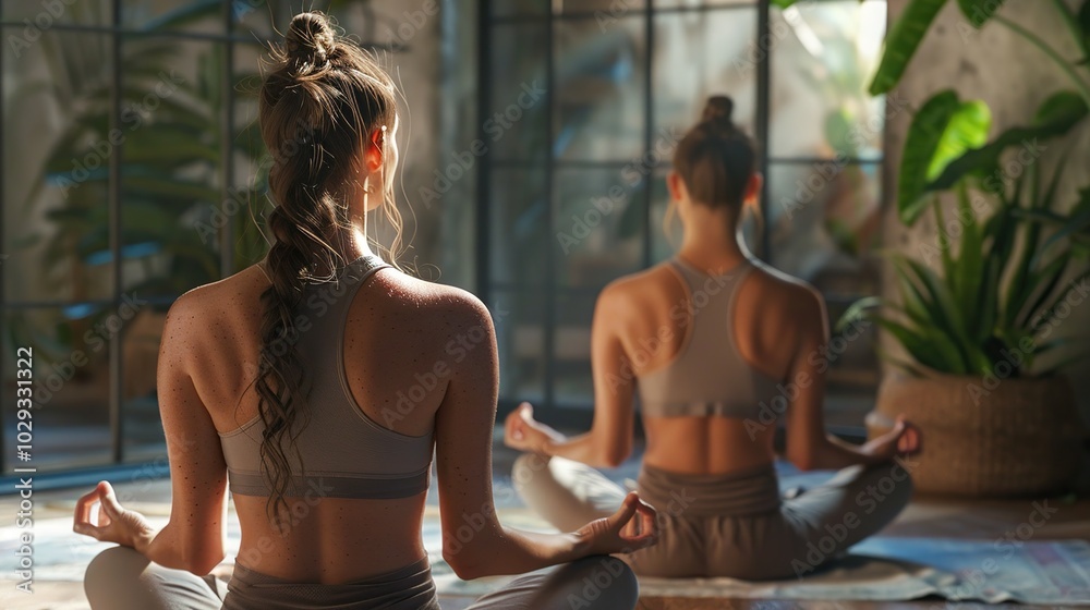 Two Women Meditating in a Sunlit Room Two Women Meditating in a Sunlit Room