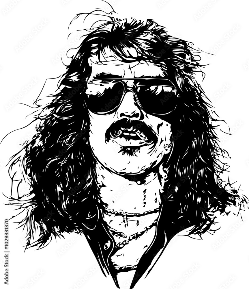 Stylized vector illustration of a male figure with long hair and sunglasses, ideal for retro-themed designs or music-related content. Stylized vector illustration of a male figure with long hair and sunglasses, ideal for retro-themed designs or music-related content.