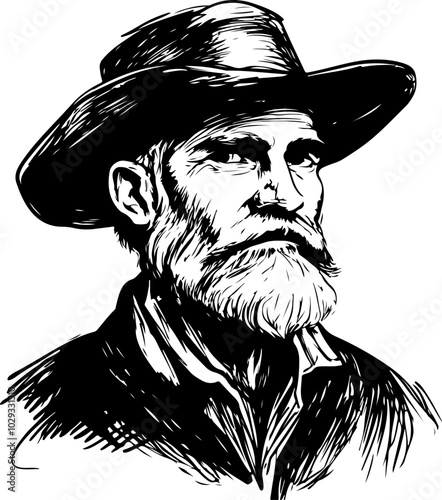 Vector Portrait of a Bearded Man in Hat: A stylized black and white illustration ideal for Western or vintage-themed designs.