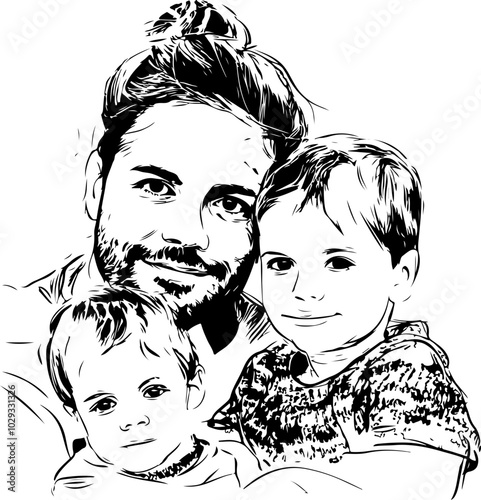 Vector Illustration of a Father with Two Children: Emotive and Heartwarming Black and White Design for Family-themed Projects