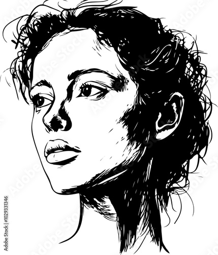 Stylized vector portrait of a woman with curly hair, featuring bold black lines and minimal detail; ideal for artistic projects.