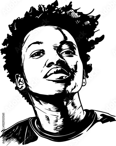 Black and white vector portrait of a confident young person with curly hair, perfect for branding and social media visuals.