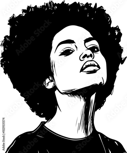 Stylized black and white vector portrait of a confident individual with curly hair, ideal for fashion and art projects.