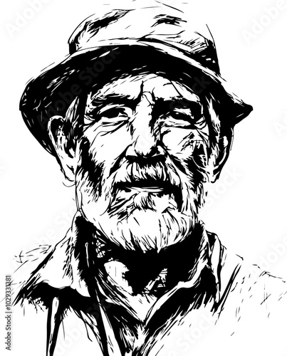 Vector portrait of an elderly man, sketched in black and white, perfect for illustrations in stories or character designs.