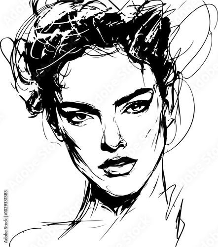 Stylized vector portrait of a woman with striking features and expressive lines, suitable for fashion or beauty projects.