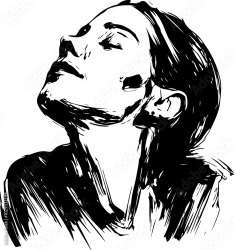 Abstract Vector Portrait: A sleek black-and-white illustration of a woman's profile, exuding confidence and elegance; ideal for art and design projects.