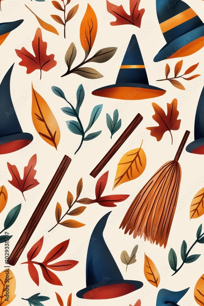 Halloween themed pattern with hats and autumn leaves., Tile , Seamless Pattern Halloween themed pattern with hats and autumn leaves., Tile , Seamless Pattern