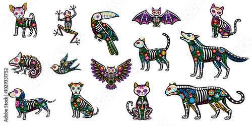Day of the Dead Mexican animal skeleton tattoo of bones and flowers ornament, vector icons. Dia De Los Muertos Mexican holiday tattoo animals, cat and dog with wolf or bat, panther and toucan bird