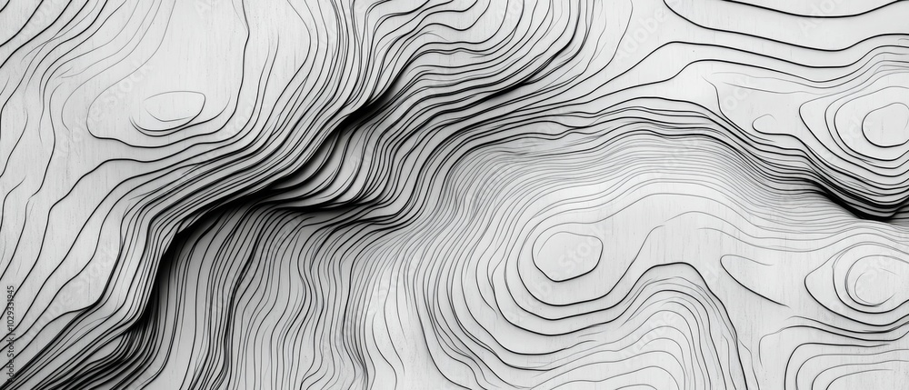 Black and white abstract pattern of topographic contour lines creating a dynamic 3D effect with undulating curves and layers